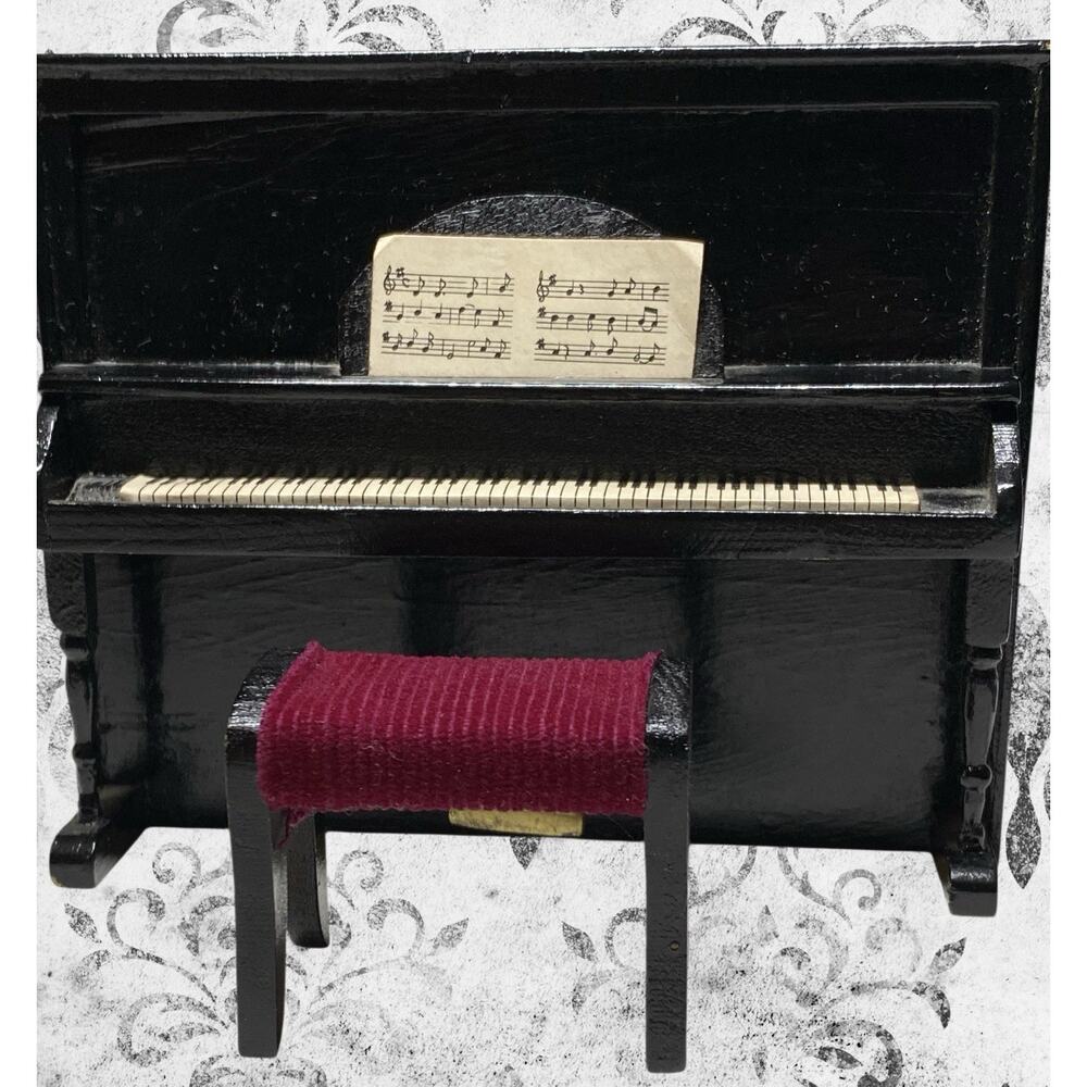 Vintage Toy Dollhouse Miniature Upright Piano With Velvet Maroon Bench Play Set